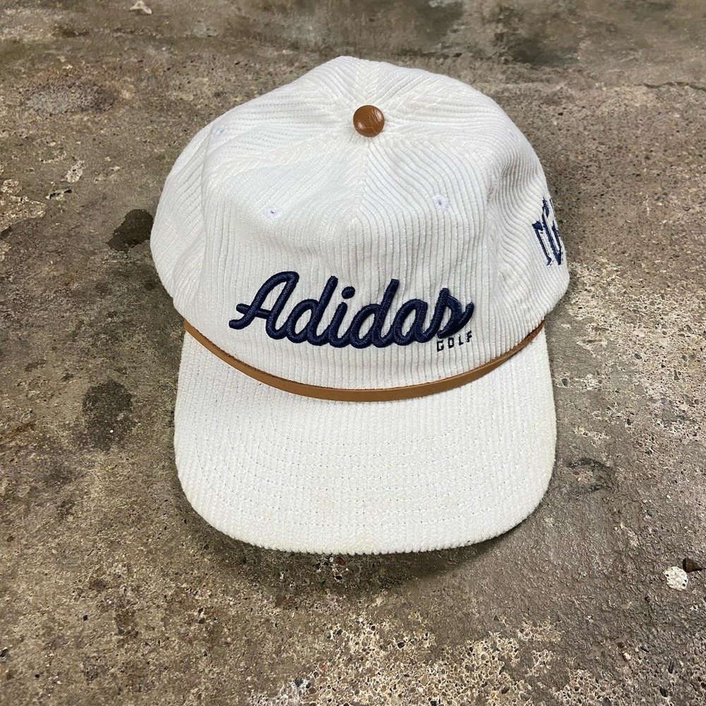 Adidas Golf Cap Leather Strap Back Adjustable White Corduroy Retro Sports Logo